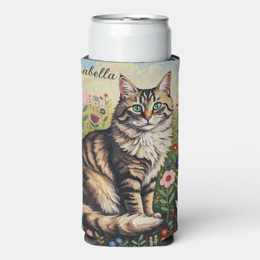 Gray Tabby Cat and Folk Art Flowers Seltzer Blikjeskoeler (Seltzer Voorkant)