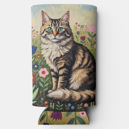 Gray Tabby Cat and Folk Art Flowers  Seltzer Blikjeskoeler (Achterkant)