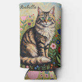 Gray Tabby Cat and Folk Art Flowers  Seltzer Blikjeskoeler (Voorkant)