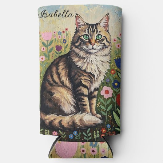 Gray Tabby Cat and Folk Art Flowers  Seltzer Blikjeskoeler (Voorkant)