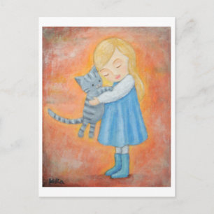 Gray Tabby Cat & Blonde Girl Hug Post Card Briefkaart