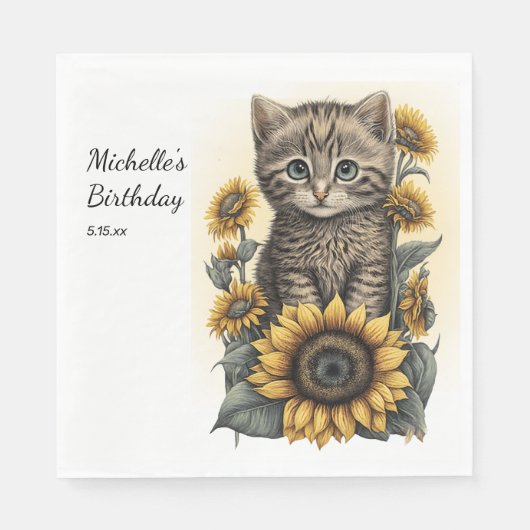 Gray Tabby Cat Kitten - Zonnebloemen, zaterdag Servet (Voorkant)