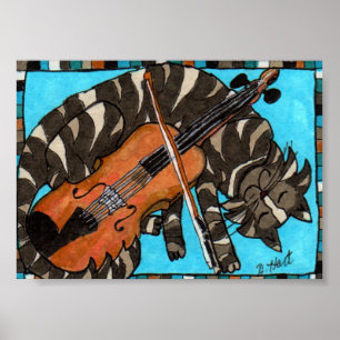 Gray Tabby Cat met Violin Fiddle Folk Art Poster