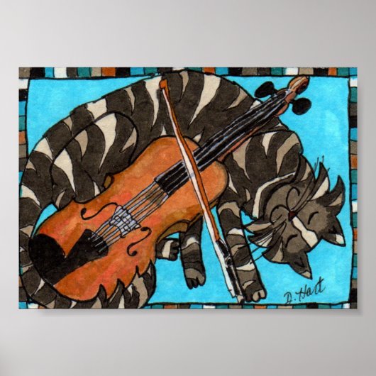 Gray Tabby Cat met Violin Fiddle Folk Art Poster (Voorkant)
