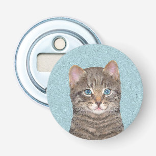 Gray Tabby Cat Painting - Cute Original Cat Art Button Flesopener