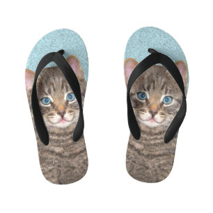 Gray Tabby Cat Painting - Cute Original Cat Art Kinder Teenslippers
