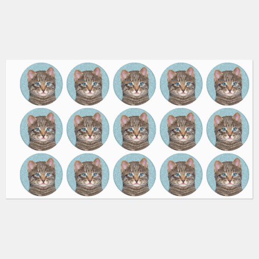 Gray Tabby Cat Painting - Cute Original Cat Art Labels (Vel)