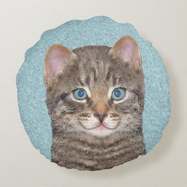 Gray Tabby Cat Painting - Cute Original Cat Art Rond Kussen (Achterkant)