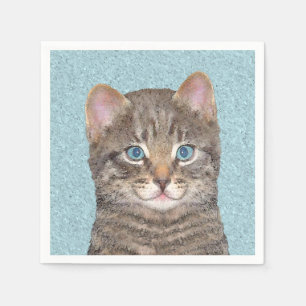 Gray Tabby Cat Painting - Cute Original Cat Art Servet