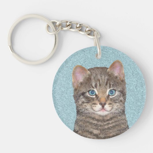 Gray Tabby Cat Painting - Cute Original Cat Art Sleutelhanger (Voorkant)