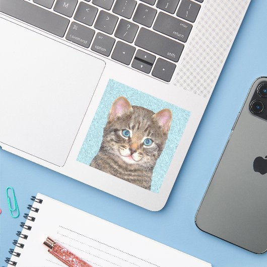 Gray Tabby Cat Painting - Cute Original Cat Art Sticker (Laptop met iPhone)