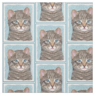 Gray Tabby Cat Painting - Cute Original Cat Art Stof