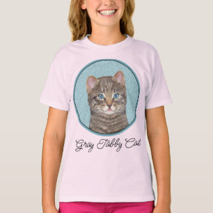 Gray Tabby Cat Painting - Cute Original Cat Art T- T-shirt