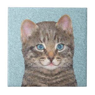 Gray Tabby Cat Painting - Cute Original Cat Art Tegeltje
