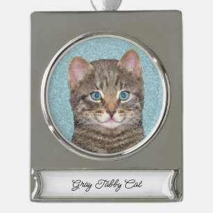 Gray Tabby Cat Painting - Cute Original Cat Art Verzilverd Banner Ornament