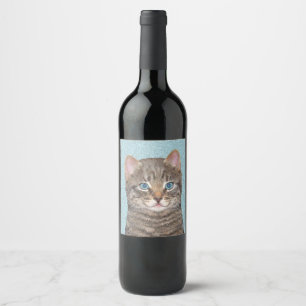 Gray Tabby Cat Painting - Cute Original Cat Art Wijn Etiket