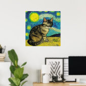 Gray Tabby Cat Sterrennacht Artwork Van Gogh Poster (Thuiskantoor)