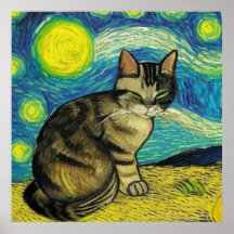 Gray Tabby Cat Sterrennacht Artwork Van Gogh