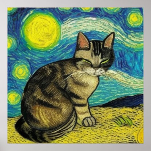 Gray Tabby Cat Sterrennacht Artwork Van Gogh Poster (Voorkant)