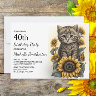 Gray Tabby Kitten Cat Sunflower 40th Birthday Kaart