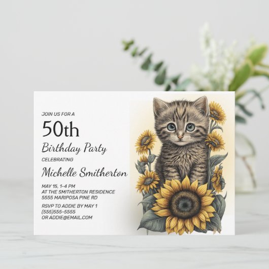 Gray Tabby Kitten Cat Sunflower 50th Birthday Kaart (Staand voorkant)