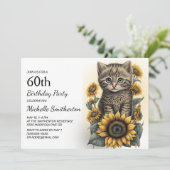 Gray Tabby Kitten Cat Sunflower 60th Birthday Kaart (Staand voorkant)