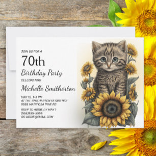 Gray Tabby Kitten Cat Sunflower 70th Birthday Kaart