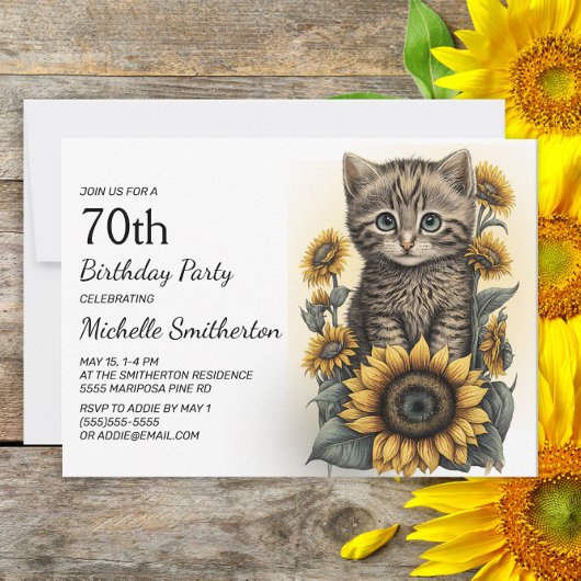 Gray Tabby Kitten Cat Sunflower 70th Birthday Kaart