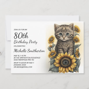 Gray Tabby Kitten Cat Sunflower 80th Birthday Kaart