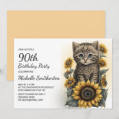 Gray Tabby Kitten Cat Sunflower 90th Birthday Kaart (Voorkant / Achterkant)