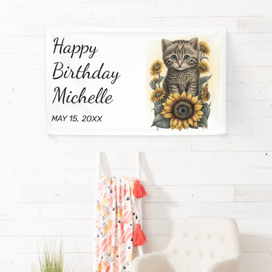 Gray Tabby Kitten Cat Sunflower Happy Birthday Spandoek (Insitu)