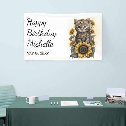 Gray Tabby Kitten Cat Sunflower Happy Birthday Spandoek (Beurs)