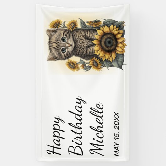 Gray Tabby Kitten Cat Sunflower Happy Birthday Spandoek (Verticaal)