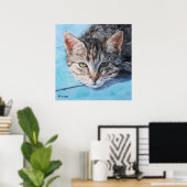 Gray Tan Tabby Cat Portrait Poster (Thuiskantoor)