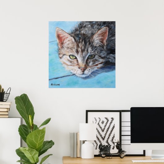 Gray Tan Tabby Cat Portrait Poster (Thuiskantoor)