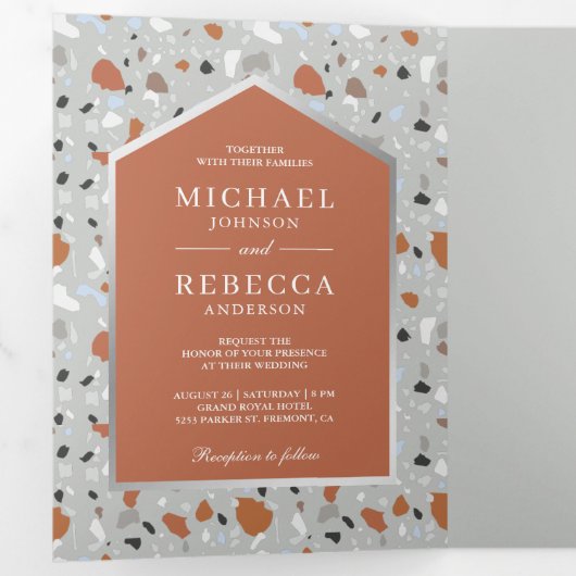 Gray Terrazzo Tegel Terracotta Arch QR Code Wedden Drieluik Uitnodiging (Binnenzijde eerst)