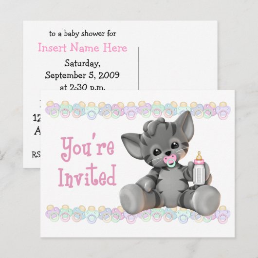 Gray Tiger Kitten Roze Baby shower Uitnodiging (Voorkant / Achterkant)