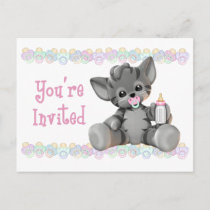 Gray Tiger Kitten Roze Baby shower Uitnodiging Briefkaart