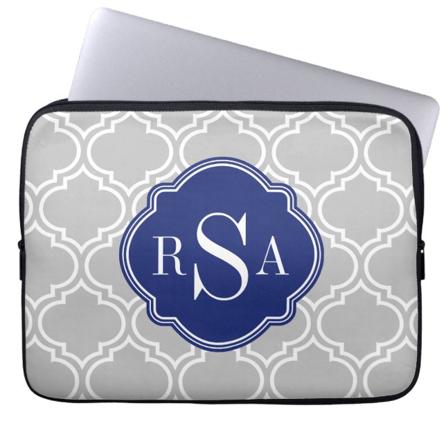 Gray Tile Lattice Pattern Blue Monogram Laptop Sleeve (Voorkant)