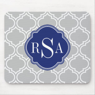 Gray Tile Lattice Pattern Blue Monogram Muismat