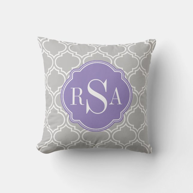 Gray Tile Lattice Pattern Lavener Monogram Kussen (Voorkant)