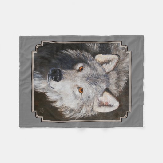Gray Timber Wolf Face Portret Fleece Deken (Voorkant (Horizontaal))