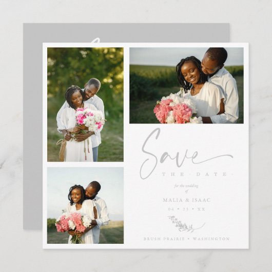 Gray Trendy Branches Wedding Save Date 3 Photos (Voorkant / Achterkant)