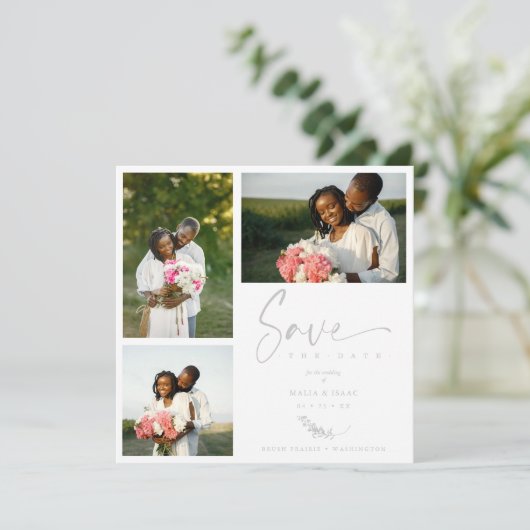 Gray Trendy Branches Wedding Save Date 3 Photos (Staand voorkant)