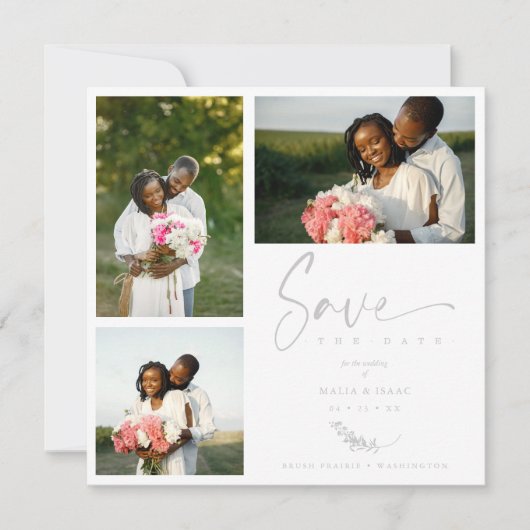 Gray Trendy Branches Wedding Save Date 3 Photos (Voorkant)