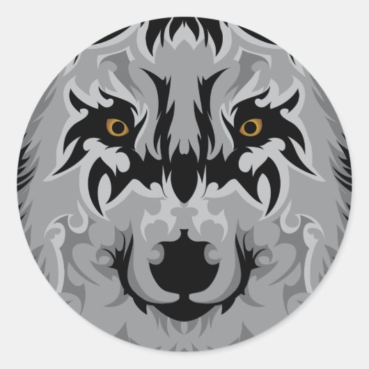 Gray Tribal Wolf Head Ronde Sticker (Voorkant)