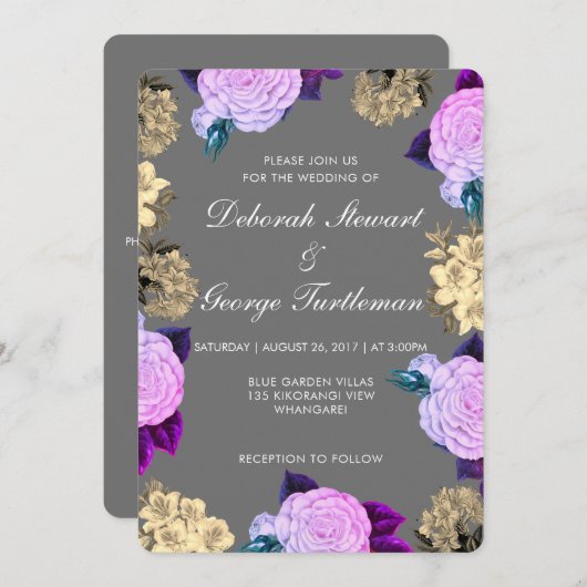 Gray Violet Floral Wedding Invitation Kaart (Voorkant / Achterkant)