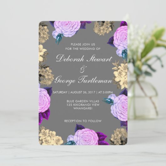 Gray Violet Floral Wedding Invitation Kaart (Staand voorkant)