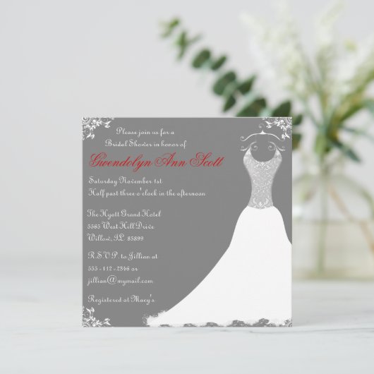 Gray Vrijgezellenfeest Wedding Gown Uitnodiging (Staand voorkant)