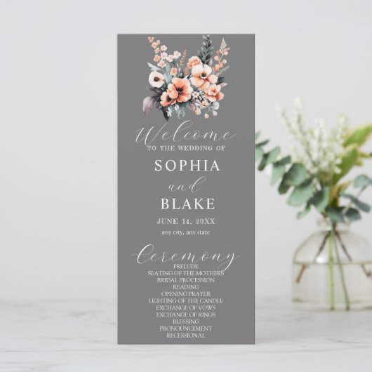 Gray Wedding Programme White and Blush Flowers (Staand voorkant)